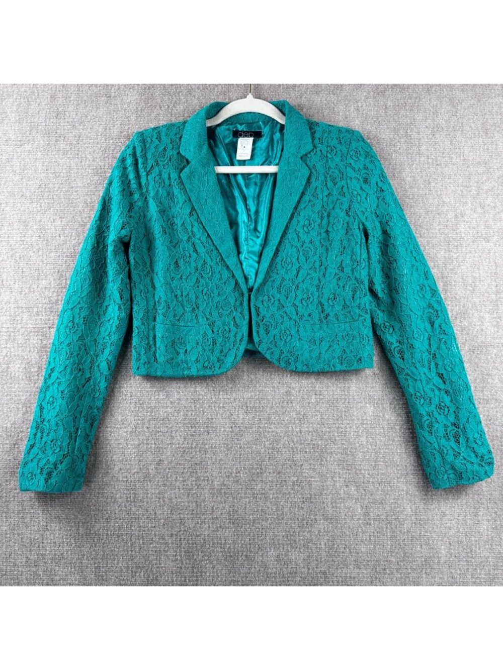 deb Teal Floral Lace Cropped Blazer L Whimsygoth Coquette Regencycore, Y2K